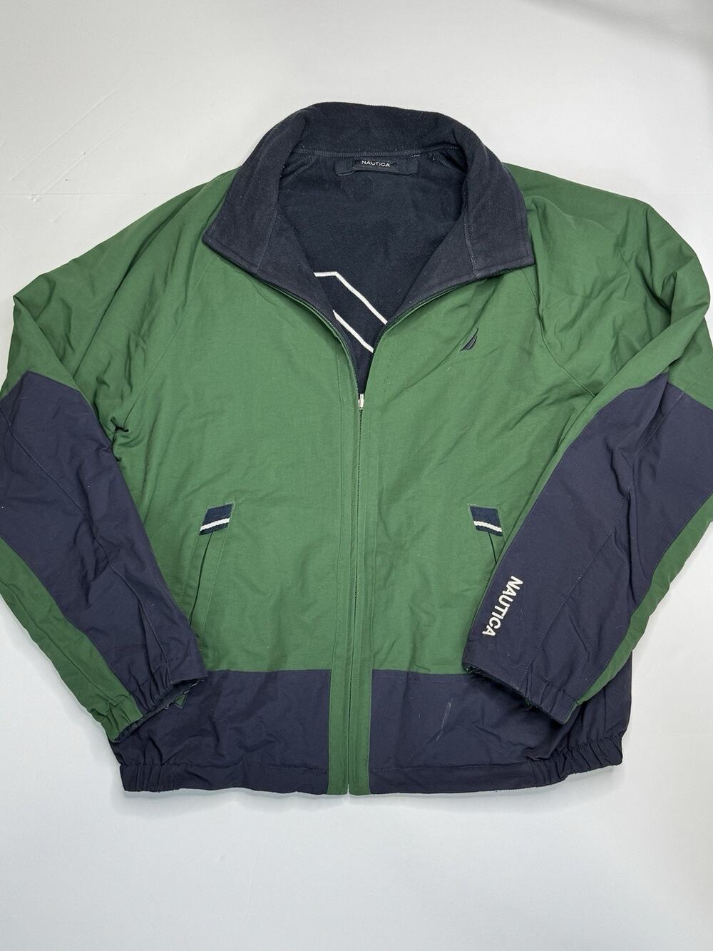 Nautica Reversible Jacket Men’s XL Green Navy Fleece Big Logo Full Zip